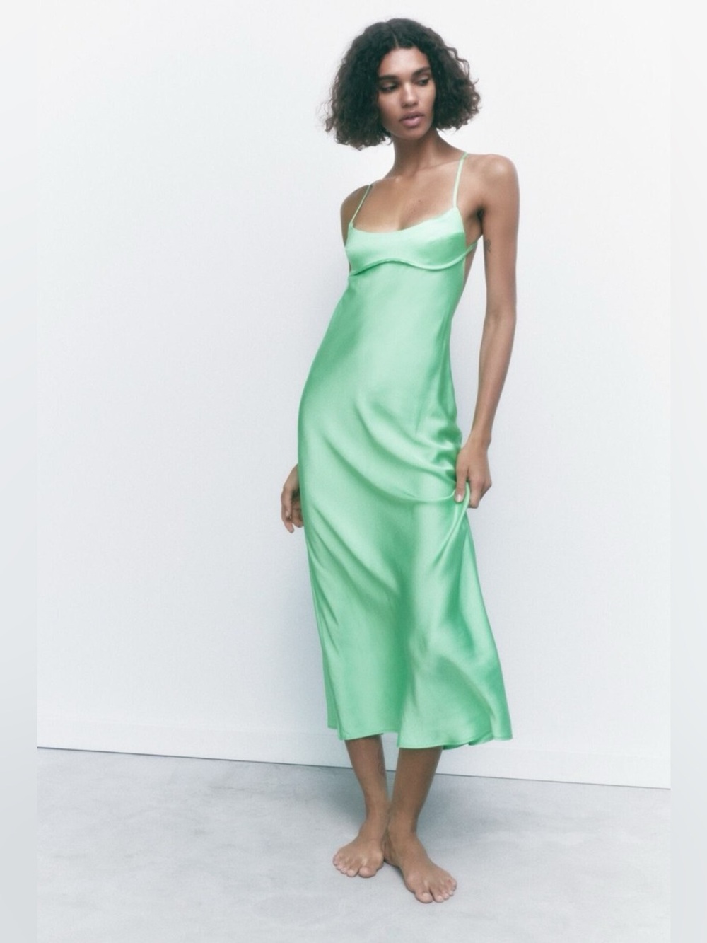 Zara Green Satin Cowl Neck Slip Midi Dress XL